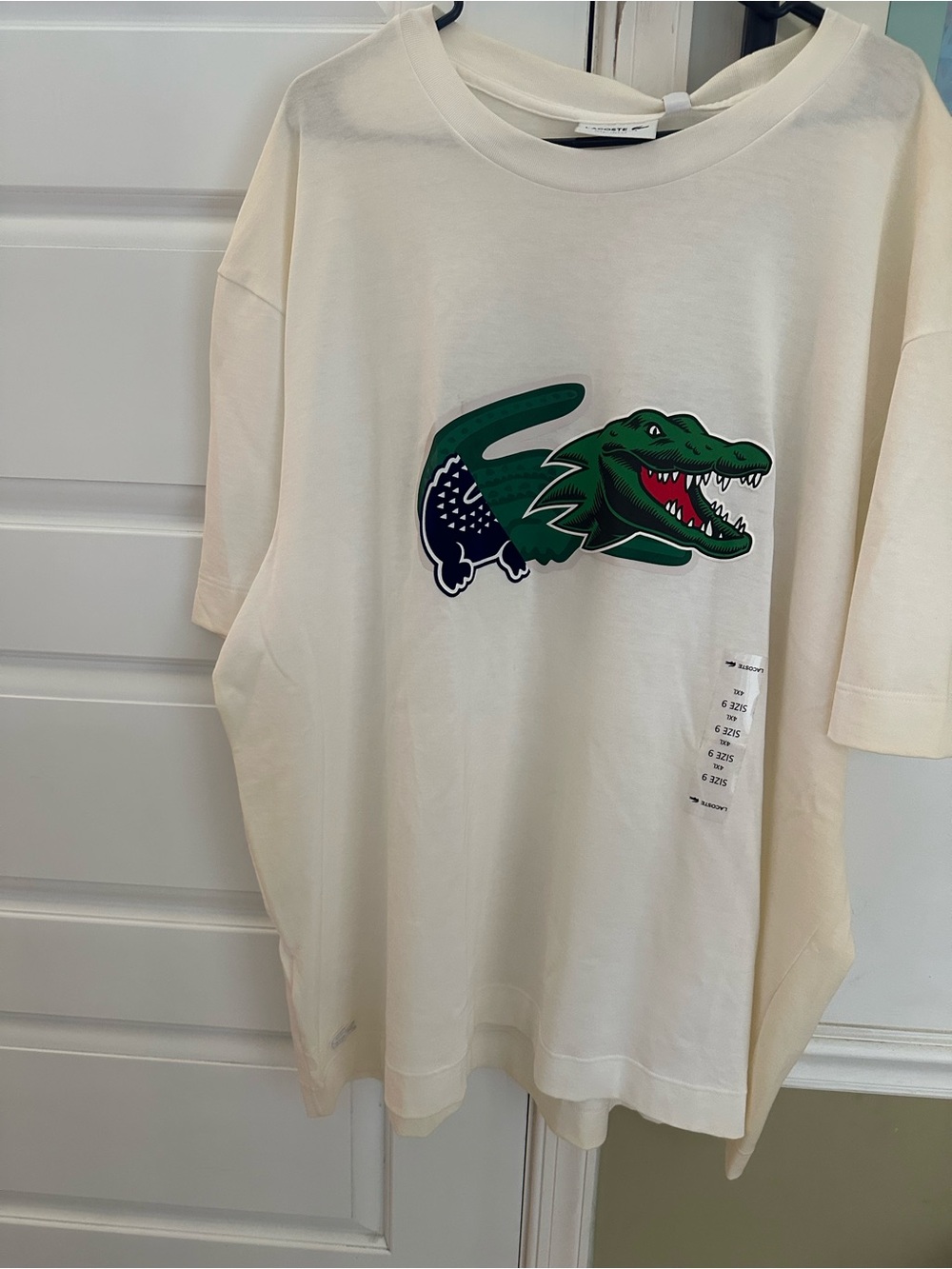 NWT Lacoste Cream Crewneck T-shirt with Bold Green Flocked Alligator Logo
